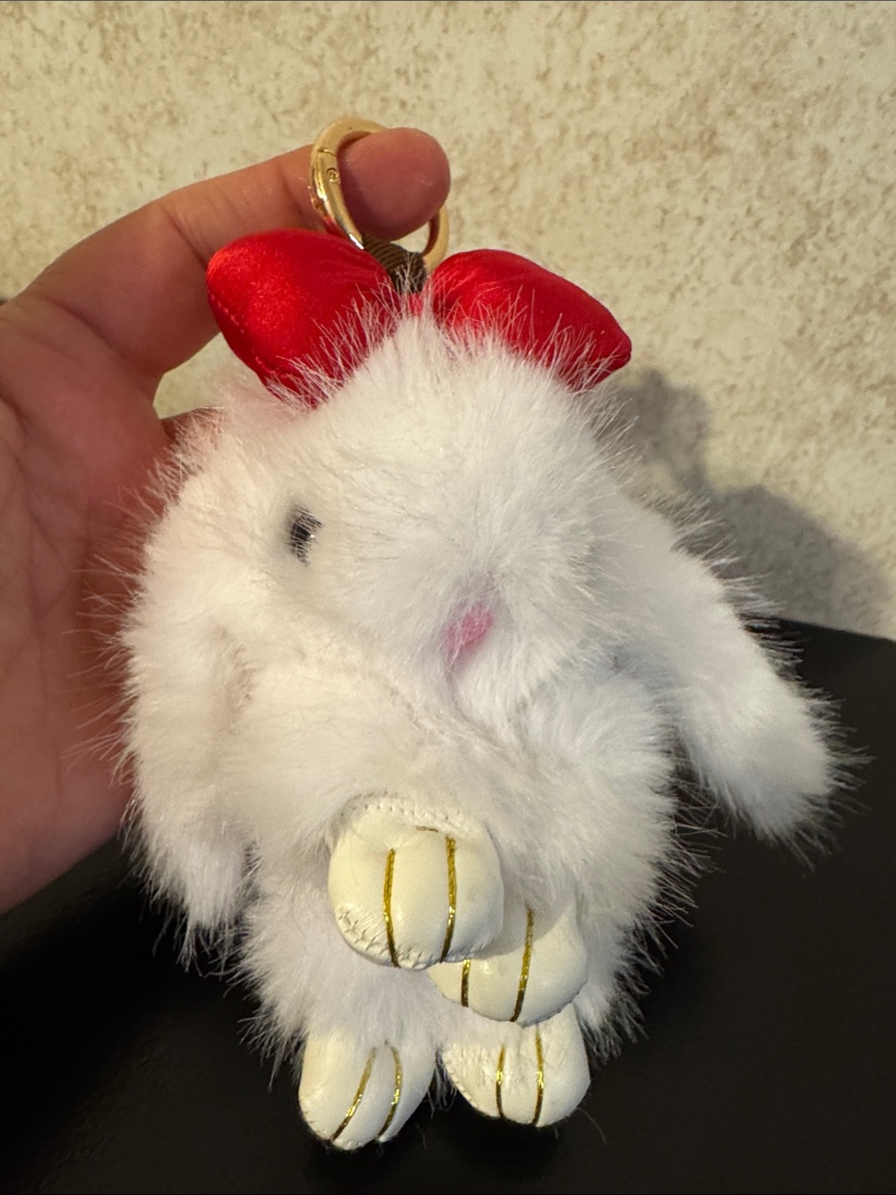 White Plush Bunny Keychain/Bagcharm with Red Bow - Cute Small Pets Accessory